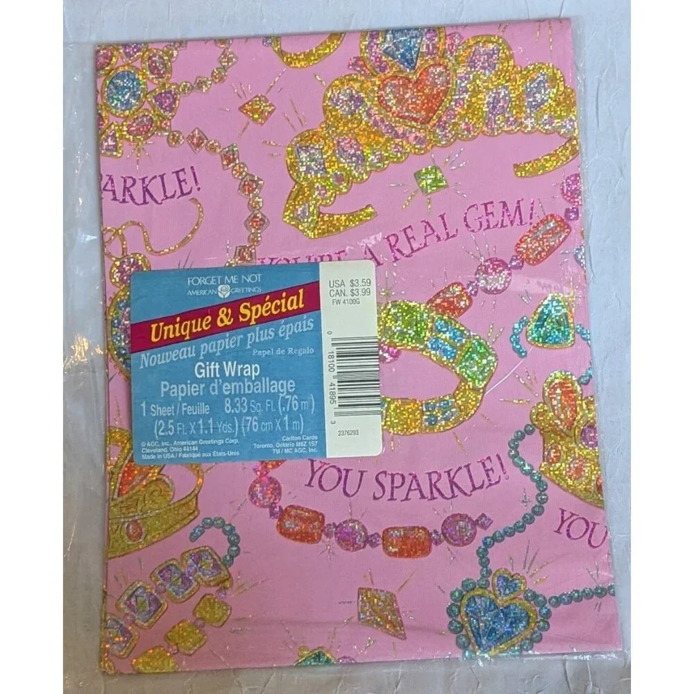 2 NOS American Greetings Gift Wrapping Paper Prismatic You're A Gem Glitter Vtg